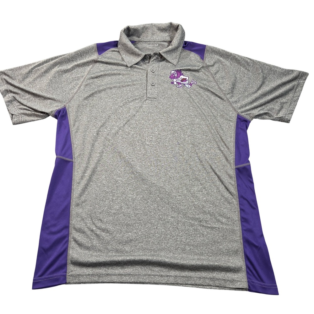 TCU Horned Frogs Polo Shirt Mens XL Gray Purple Performance Mascot Sport-Tek